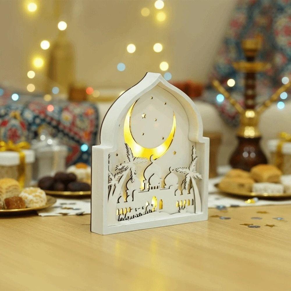 Creative Eid Desktop Ornament LED House-shaped Design Crafts Night Light Ornament Moon Carved Eid Wooden Decoration Scene Layout