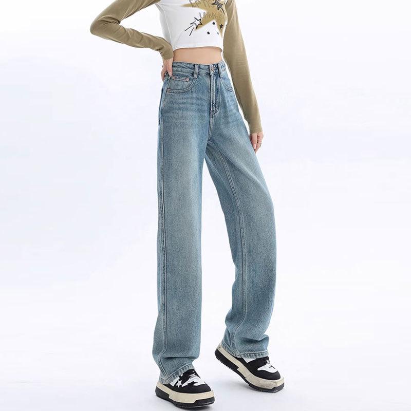 Women's Thickened Fleece-Lined Wide-Leg Jeans for Autumn and Winter - Warm, Loose Fit, Straight-Cut.