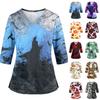 Womens Halloween Print V Neck Medical Scrub Top with Pockets Side Slits and Three Quarter Sleeves Halloween Themed Nurse Uniform Shirt