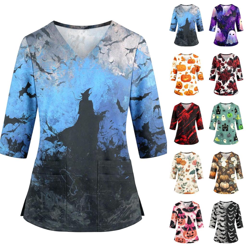 Womens Halloween Print V Neck Medical Scrub Top with Pockets Side Slits and Three Quarter Sleeves Halloween Themed Nurse Uniform Shirt