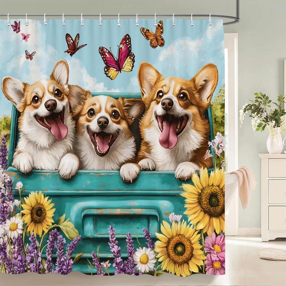 

Cartoon Lovely Cat And Dog Shower Curtain Funny Animal Flowers Printed Bathroom Bath Curtain Home Decoration Curtain With Hooks W60H190(CM)-1 Pcs