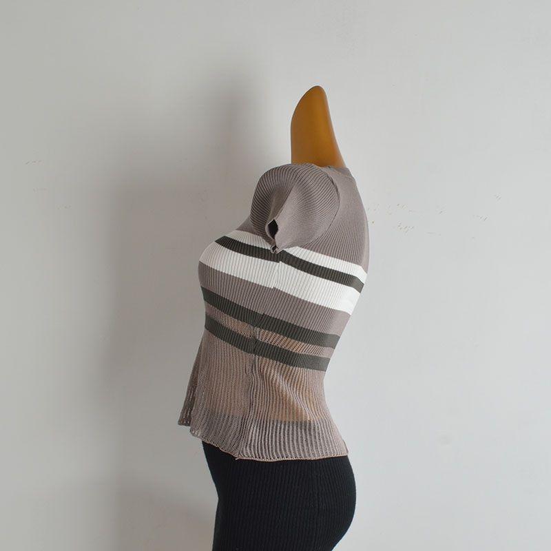 Stripe Contrast Color Round Neck Short Sleeve Knit Women Summer New Slim Fit Slimming Patchwork Hollow T-shirt Top