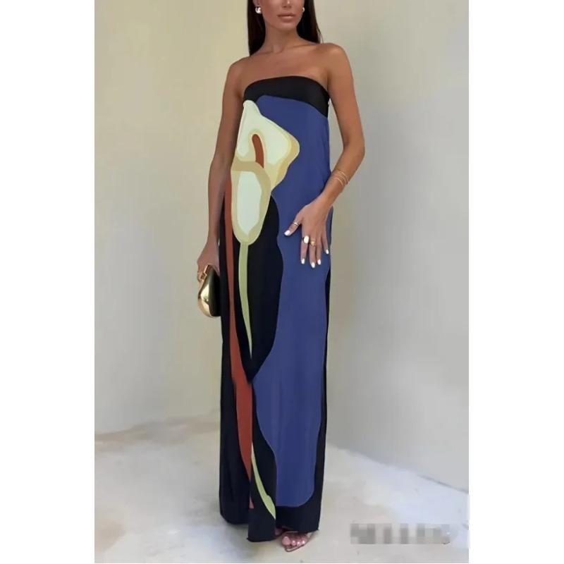 Avokádově zelené kontrastní květinové šaty bez ramínek volné dámské rovné bez zad 2024 dámské ležérní dovolenkové plážové Vestido