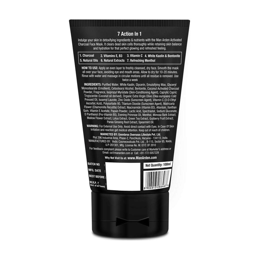 Obličejová maska ​​s aktivním uhlím (100 ml), 7X maska ​​na obličej s aktivním uhlím, Man Arden