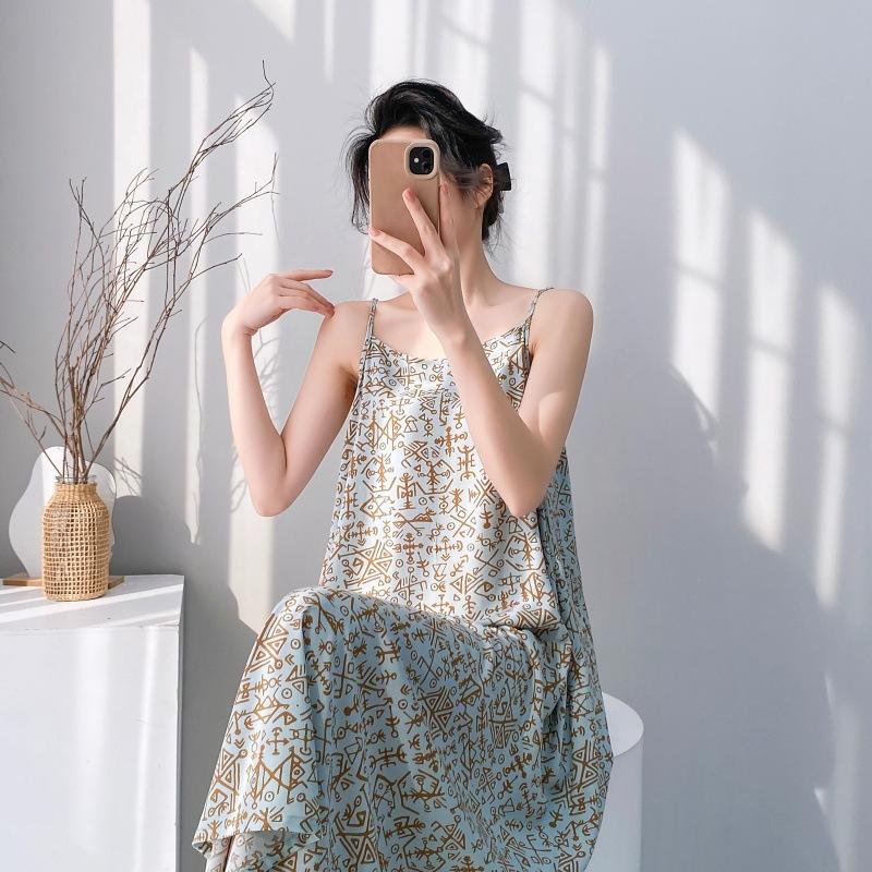 Suspender small fresh cotton and silk nightdress women's summer thin sleeveless lazy style loungewear high-end sense holiday dress