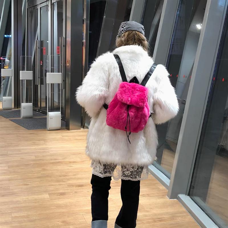 Nowy Pluszowy Plecak Imitacja Króliczego Futra Plecak Studentka Duża Pojemność Sznurek Panterka Jednolity Kolor Wszechstronna Torba Damska
