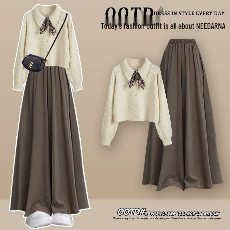 2025 Korean Fashion Plus Size Women s Trench Coat, Knit Sweater, and Slimming Skirt Pants Set Coffee Skirt Pants