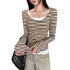 Petite Korean Style Faux Layer Striped T-Shirt for Women - Autumn/Winter 2025 Arrival