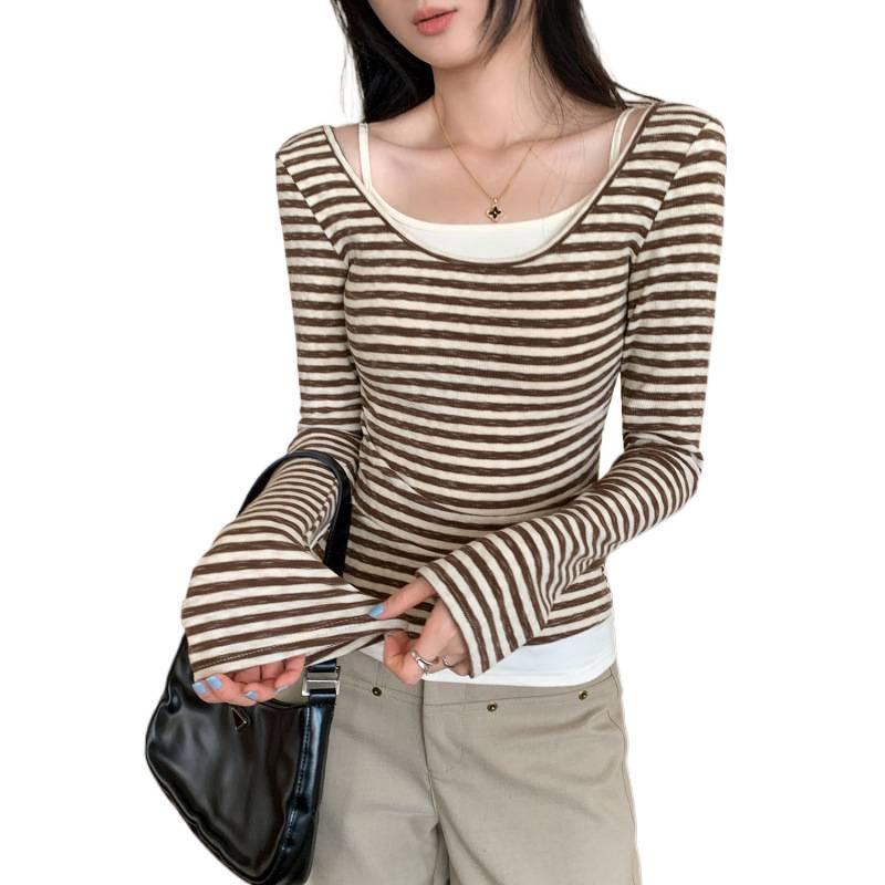 Petite Korean Style Faux Layer Striped T-Shirt for Women - Autumn/Winter 2025 Arrival
