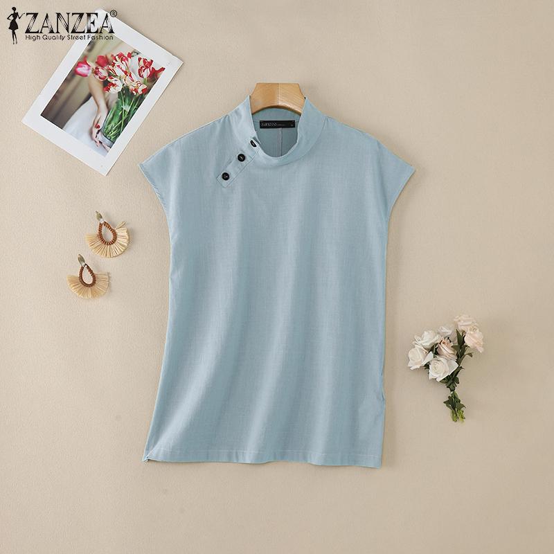 ZANZEA Women Side Button Stand Collar Summer Short Sleeve Blouse