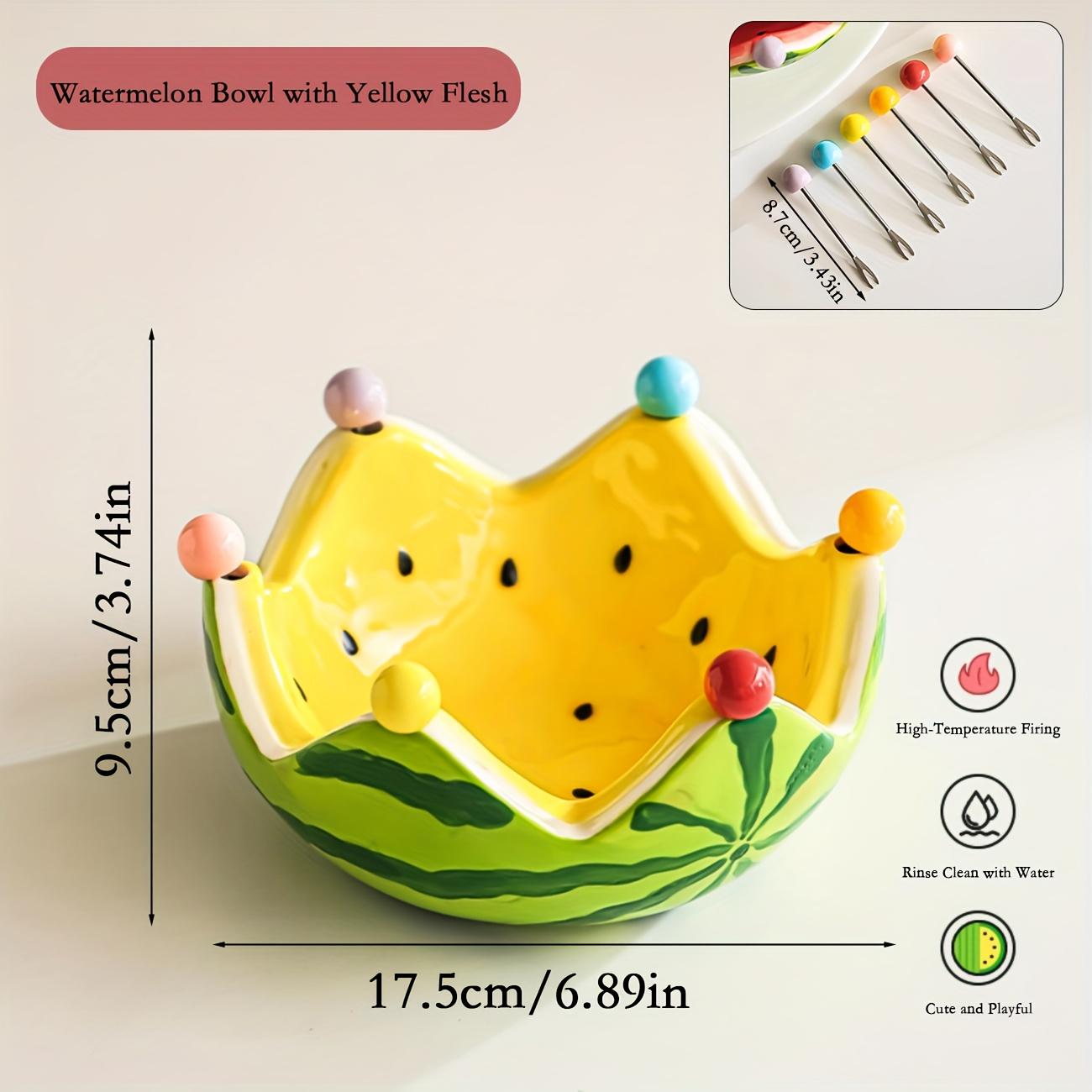 

1 Set of 7pcs Including 6 Forks Ceramic Watermelon Bowls,Stainless Steel Dessert and Cocktail forks , Portable Pastry Utensils Suited to Family