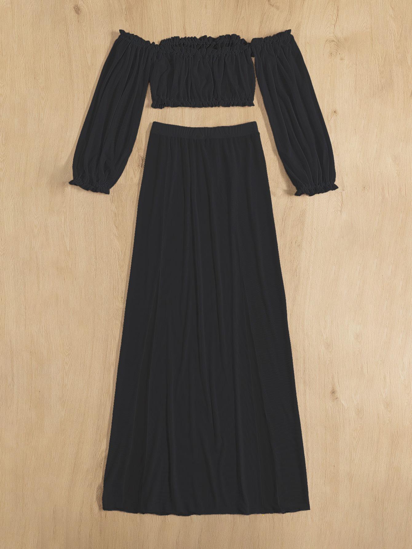 

Женская европейская и американская накидка для купальника с открытыми плечами: С длинным рукавом, юбка с высоким разрезом, комплект из двух частей Large