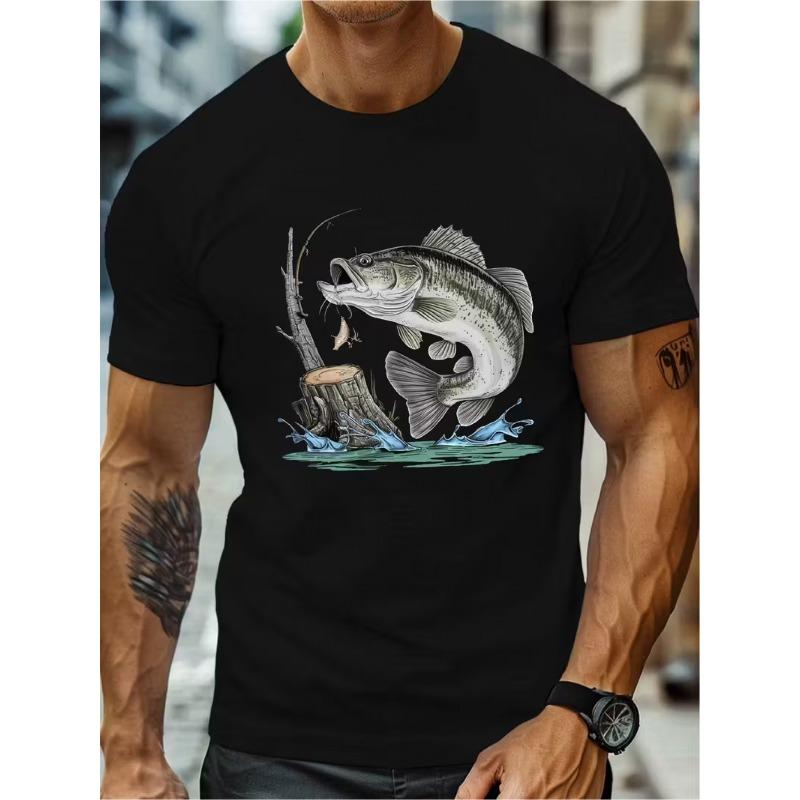 Herren Oliven Grün Angler T-Shirt mit Fischdruck - Kurzarm Rundhals Lässig Outdoor Bekleidung Geeignet für Angelbegeisterte,, Maschinenwaschbar