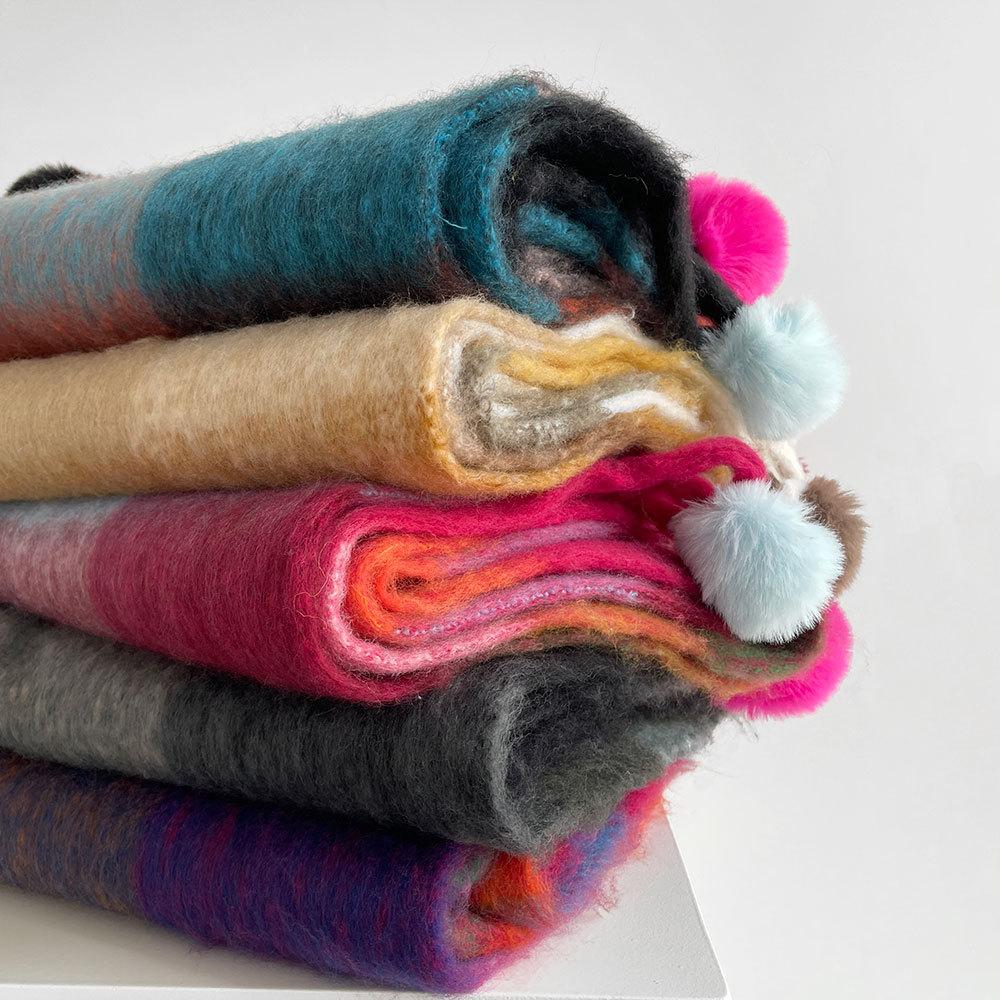 Fashion Trend Scarf Winter Scarf Rainbow Plaid Dopamine Stripe Handmade Hairball Shawl