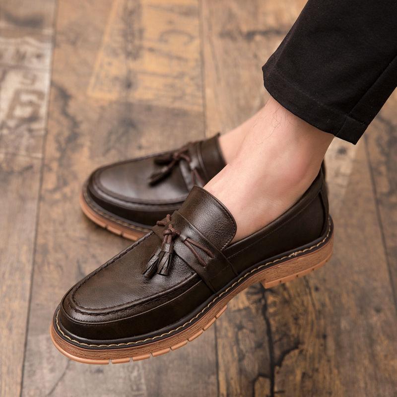 Thick Sole Platform Round Toe Men's Leather Shoes with Tassels Office Loafers Male Casual Shoe Slip-on Retro Sale New In Social