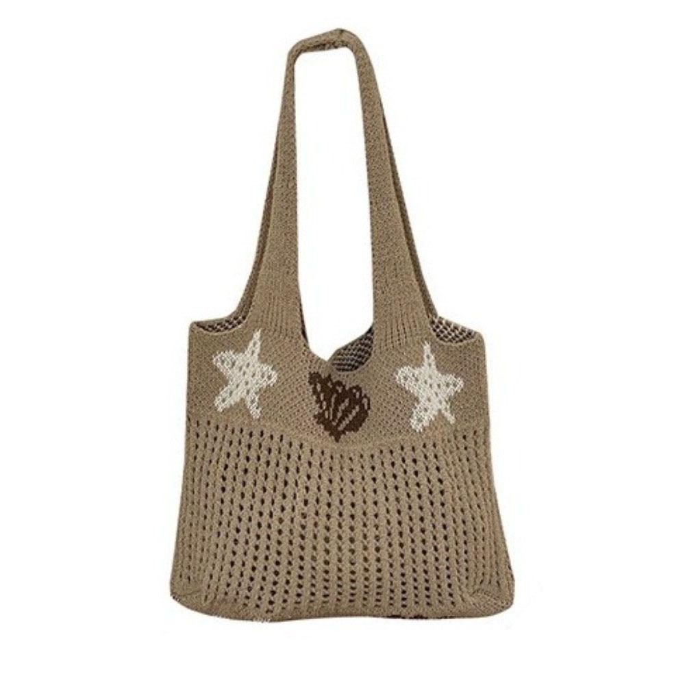 Shell Crochet Handbag Starfish Hollow Shoulder Bag Simple Knitted Tote Bag  Office хаки