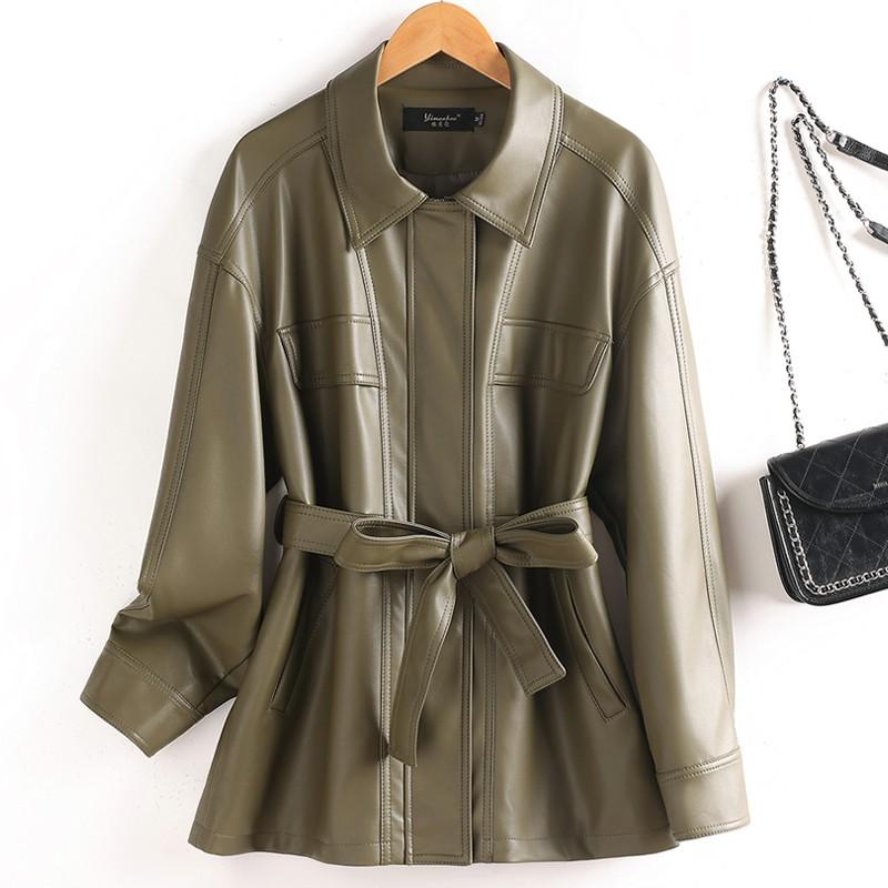 Womens 2026 Sheep Leather Trench Coat Lapel Belted Plus Size Jacket