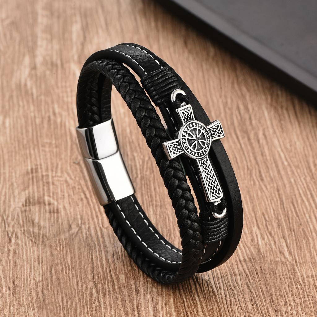 Creative Multi Layer Braided Cross Titanium Steel Leather Bracelet Personality Bangle