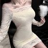 Sex clothes plus size one-word shoulder pure lace dress sexy slim and thin Spice girl bottom hip wrap