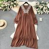 EWQ Embroidery V-neck Puff Long Sleeve High Waist A-line Vestidos Sweet Style Women's Dress Winter Spring 2024 New 27SN5332