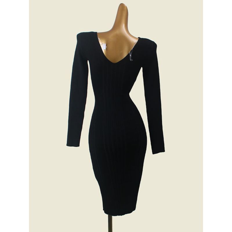 American Brand Fine Rib V-neck Autumn and Winter Base Skirt Foreign Trade Original Order Solid Long sleeve Sheath Slim fit Long dress