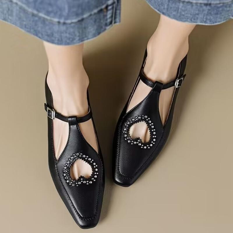 2024new Style Elegant Solid Color Party Shoes Womens Heart-shaped Hollow Dress Banquet Flat Shoes Buckle Design Zapatillas Mujer