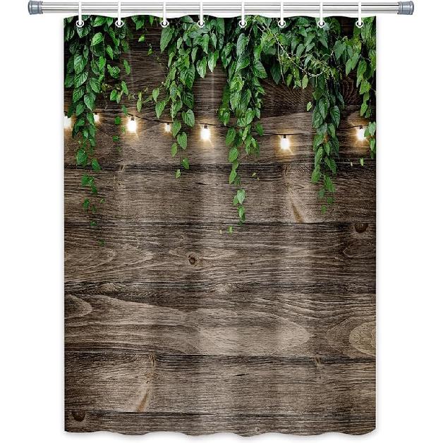 Stone Brick Wall Shower Curtain, Green Leaves Shower Curtain Set for Bathroom, Vintage 3D Vine with Lights Fabric Shower Curtain Restroom Bathtub