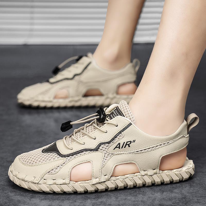 

Fashion Handmade Sandals Mens Tide Summer New Style Toe Cap Outdoor Leisure Sports Hollow Sandals Beach Shoes Mesh Men Rubber Sole 38
