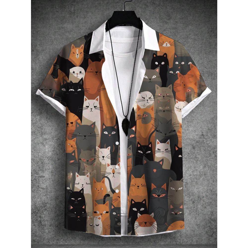 

Мужские рубашки с графическим принтом Art Cat в 3D, простые рубашки 2025 года, летние топы с короткими рукавами, уличная одежда, свободная повседневная гавайская рубашка XL