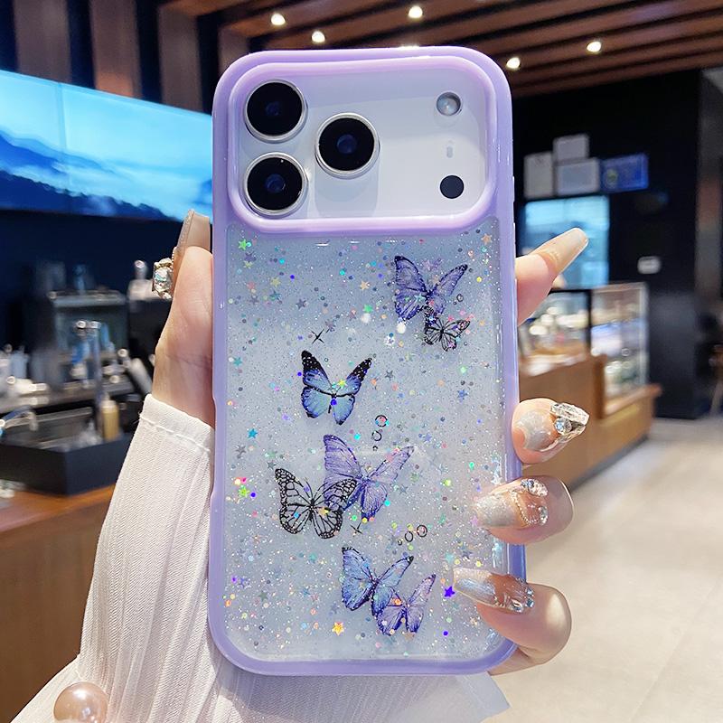 Bling Glitter Butterfly Phone Case for IPhone 17air 16 12 13 14 15 Pro Max Transparent Candy Color Epoxy Silicone Back Cover