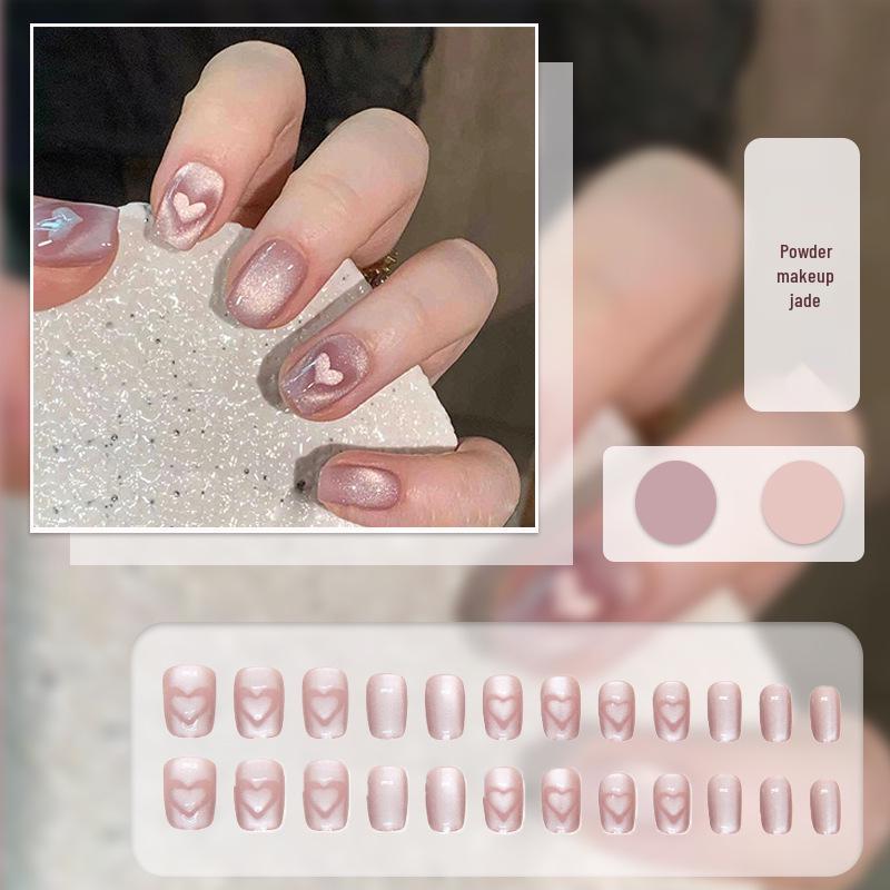Cat Eye Press-On Nails: Luxurious Nail Art Tips with Stone Glass Beads In Long & Short Whitening Styles