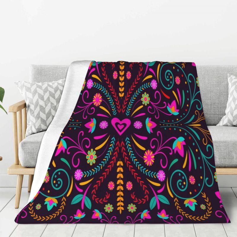 Custom Sofa Fleece Mexican Flowers Art Pattern Throw Blanket Warm Flannel Blankets for Bed Car Sofa Quilt