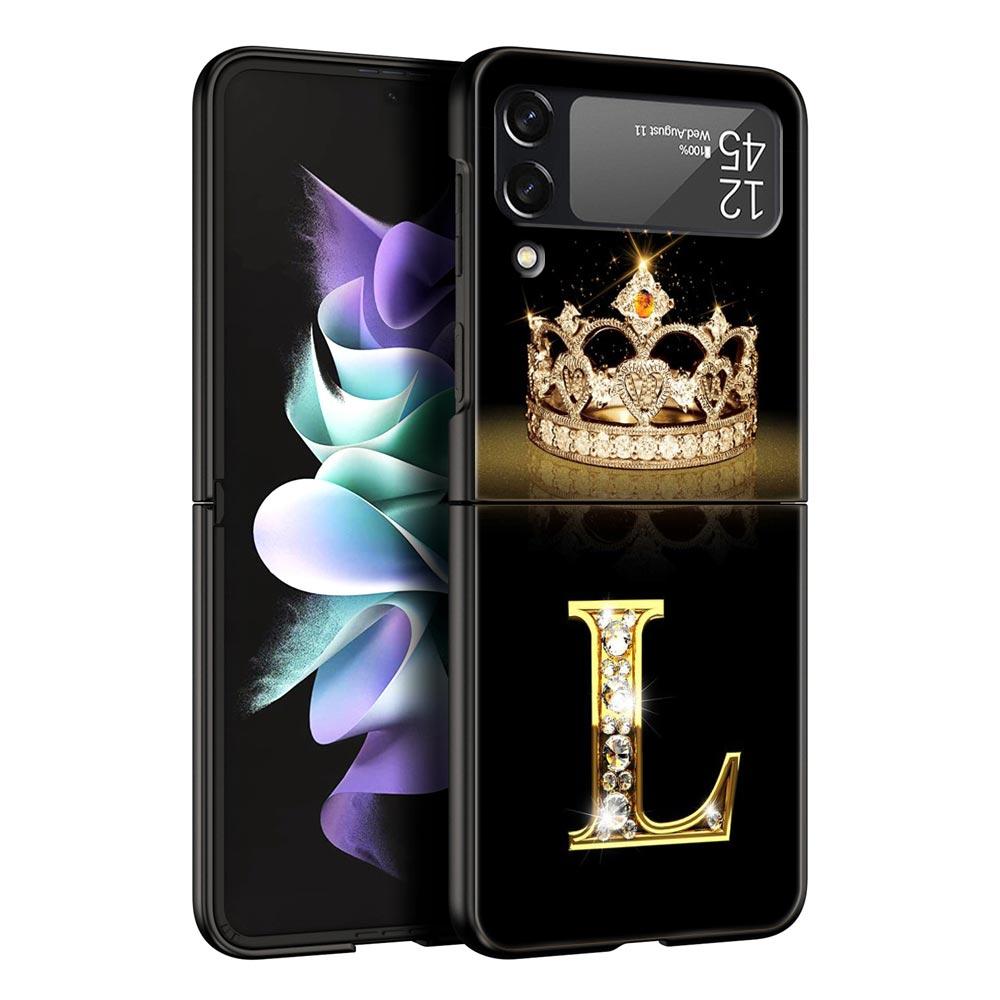 Custodia per Telefono per Samsung Galaxy Z Flip 3 4 5 Pieghevole Guscio Cellulare Duro PC Nero Capa Cover Protettiva Moda Corona di Diamanti Lettera A