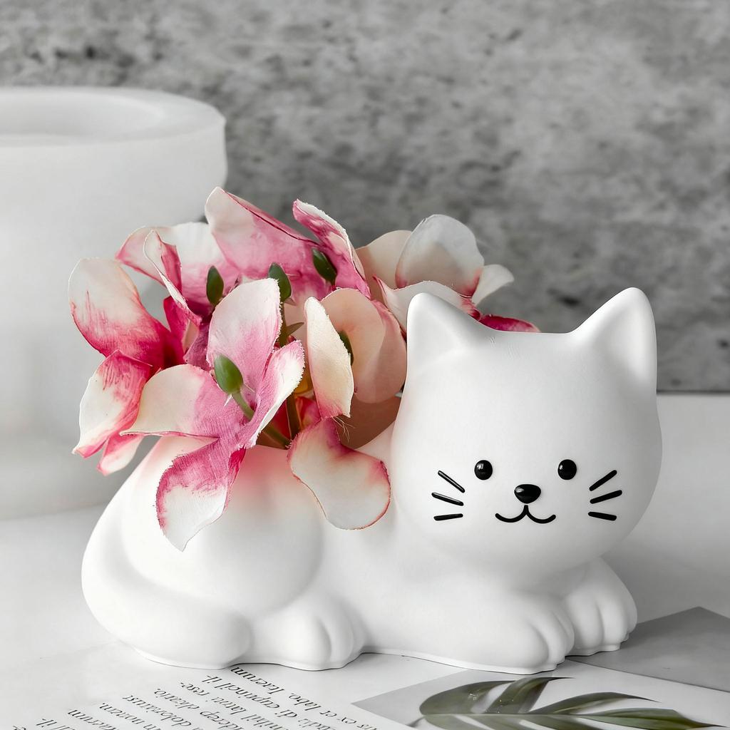 DIY Kitten Form Gypsum Flowerpot Silicone Mold Storage Box Cup Wax Molds Cartoon Cat Desktop Decoration Crafts Making Mould