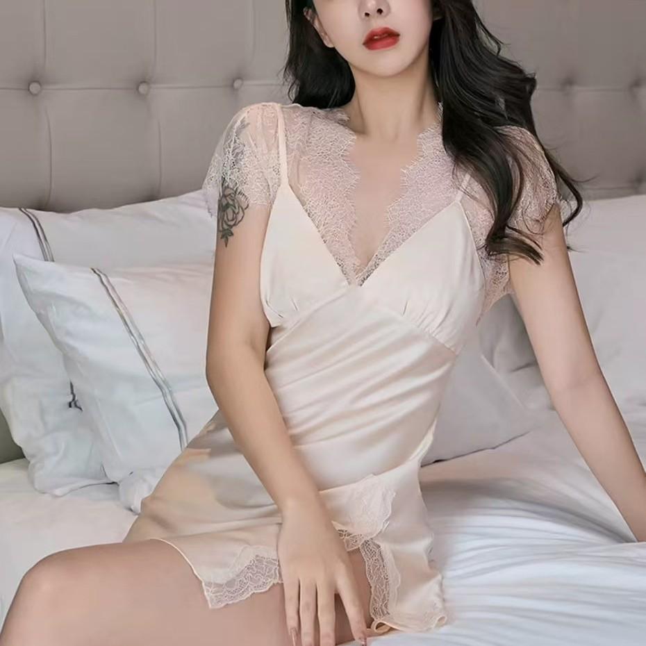 New sexy v-neck lace pure desire wind split short nightdress ice silk sleeveless pajamas suspenders spring and summer women's loungewear