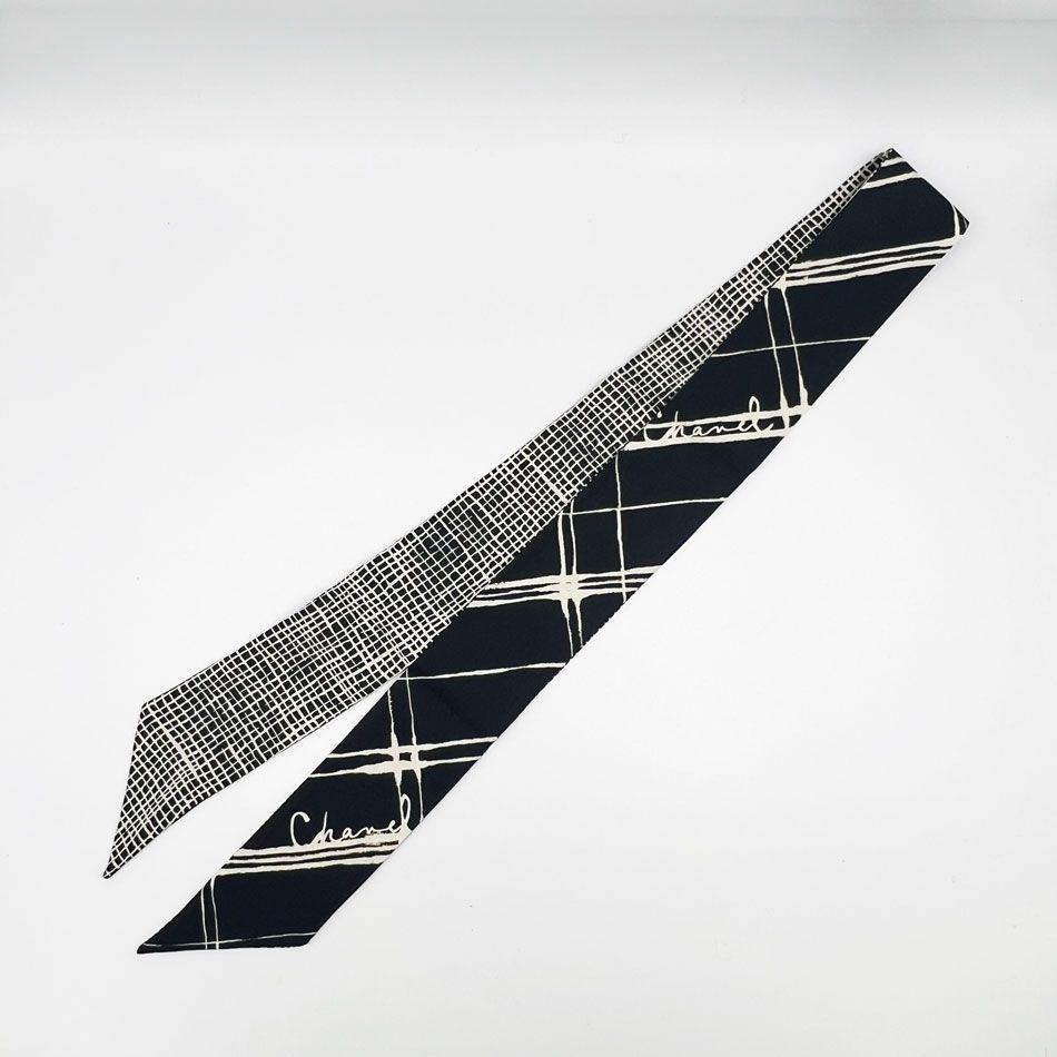 Used CHANEL Hairband Twilly Scarf Ribbon Bandeau Silk Black White 2026SS AAB964 B24379 UA257 Like New