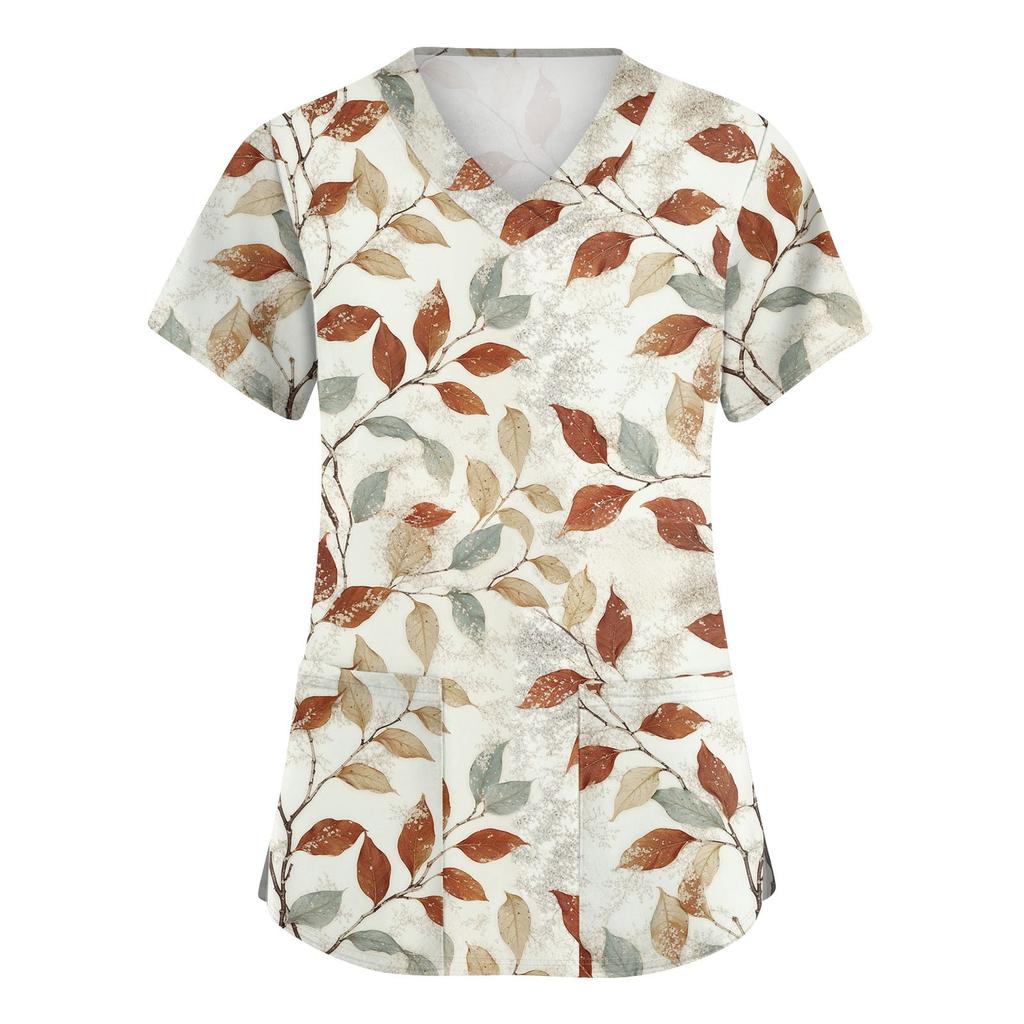 Niedlich bedruckte Arbeitskleidung für Damen, V-Ausschnitt, doppellagige Taschen, Basic-Kurzarm-Oberteil, Pullover