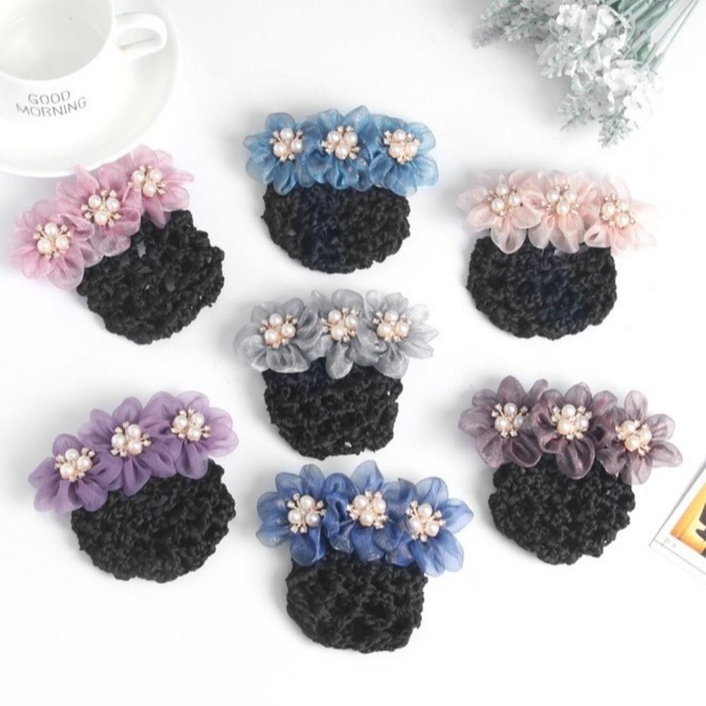 Imitation Pearl Delicate Flower Hair Net Dual-Use Cloth Cover Net Spring Clips Colorful Ornament Hair Accessories