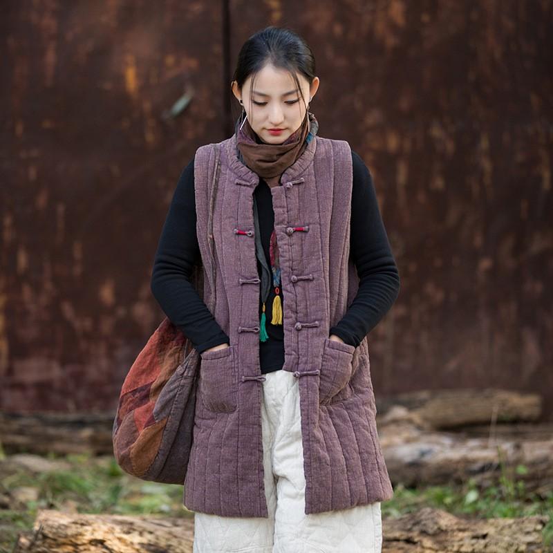 Johnature Women Vintage Winter Sleeveless Vests Coats Stand Solid Color Chinese Style Warm Cloths Button Pockets Coats