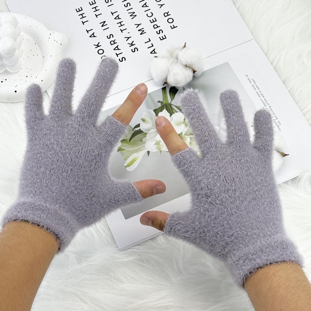 Two-half Finger Imitation Mink Gloves Autumn and Winter Student Writing Cycling Women's Finger Gloves Solid Color Commuting Warm Gloves