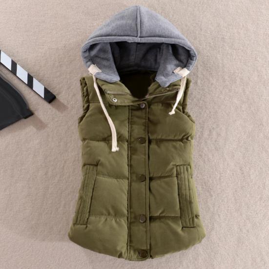 Women Autumn Winter Color Block Sleeveless Hooded Waistcoat Warm Thick Vest Coat