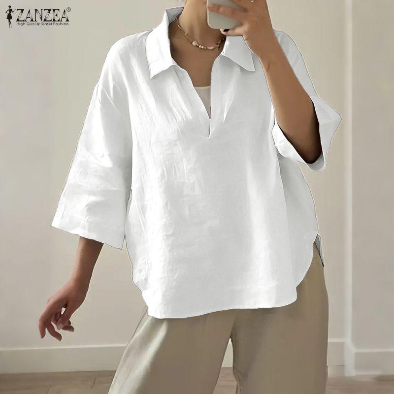 ZANZEA Damska swobodna bluzka z kołnierzykiem w dół, letnia, luźna, z krótkim rękawem