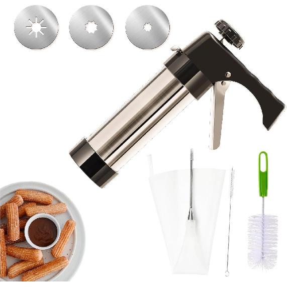 Churrera Churro Maker Machine, Churro Piping Tip and Bag, Thickened Stainless Steel Churro Maker Gun Kit, Homemade Churros, 3 Nozzles, 2 Brushes