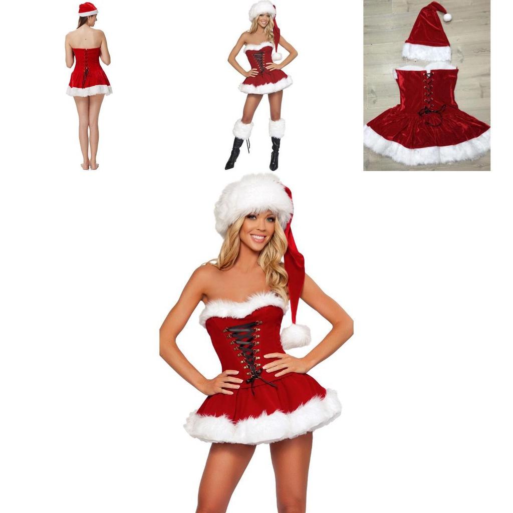 Stunning Backless Soft Touch Red Velvet Sexy Women Christmas Santa Claus Dress Hat