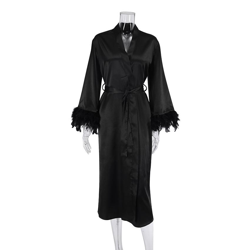 Spring Women's Nightgown Cardigan Feather Satin Robe Loose Long European American Bathrobe Ladies Home Wear