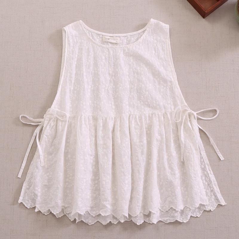 Sweet Mori Style Cotton Linen Embroidered Vest with Side Slit and Tie-Up Design