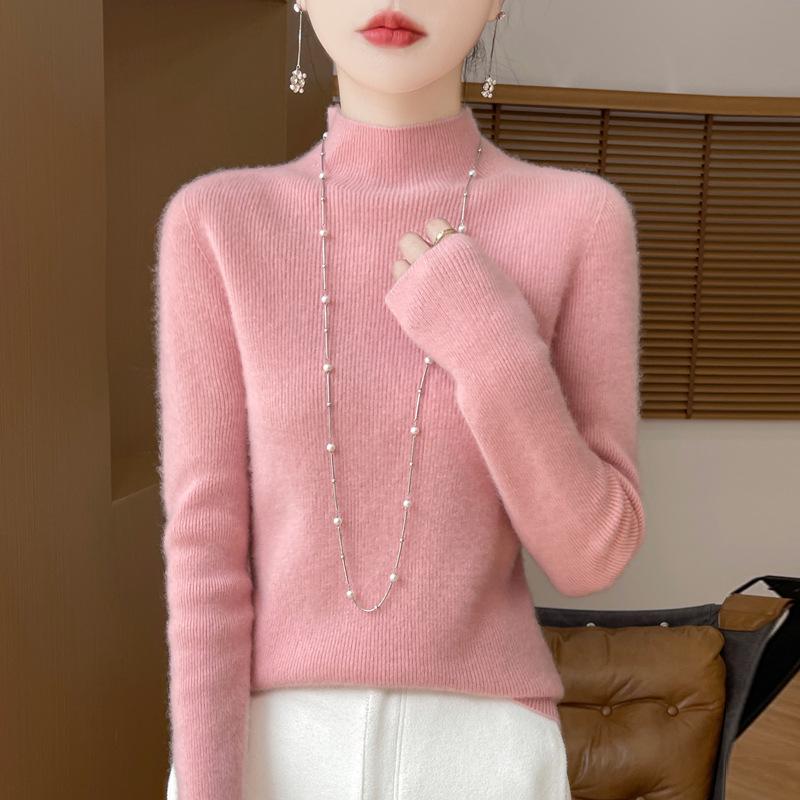 Damski sweter z wysokim dekoltem, dopasowany, z imitacji wełny - rozciągliwa dzianina, warstwa bazowa na jesień/zimę