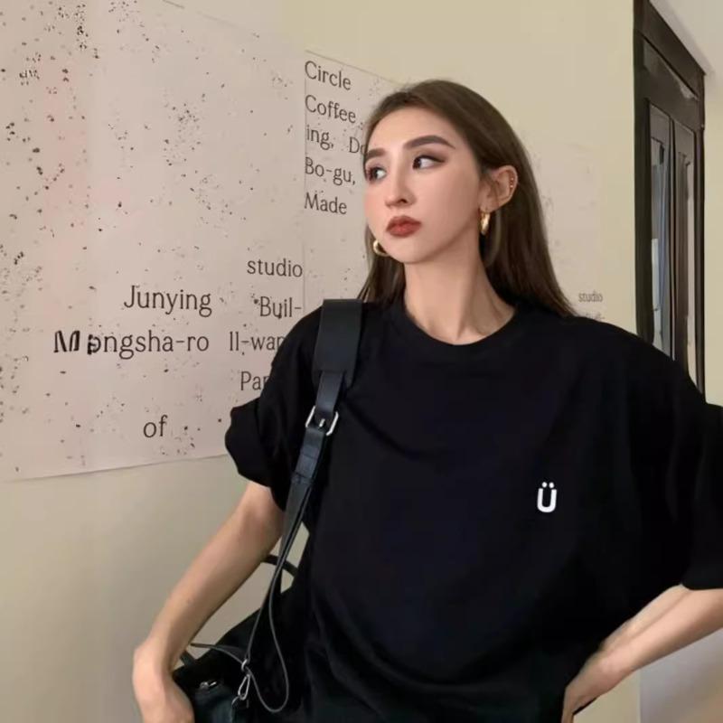 

Summer Fashion Letter Printing Loose Casual Cotton T-shirt Women Short Sleeve Harajuku Style Pullover Top Tee M чёрный
