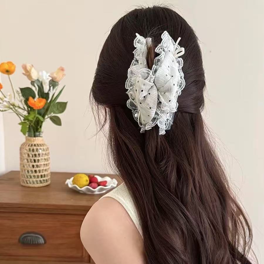 French Elegant and Gentle Lace Polka Dot Grip Clip, High-end Shark Clip Temperament Hair Clip Hair Ornament On the Back of Head