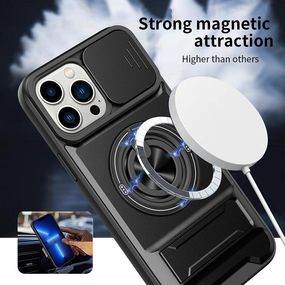 For iPhone 13 Pro Case Compatible with MagSafe Ring Holder Foldable Kickstand TPU PC Phone Cover with Camera Lens Slider